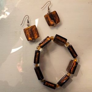 EUC Bronze with Gold Colored Glass Bracelet and Earring Set